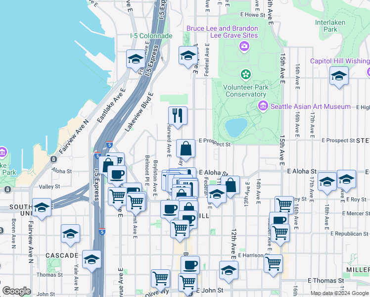 map of restaurants, bars, coffee shops, grocery stores, and more near 921 10th Avenue East in Seattle