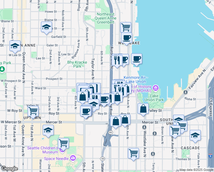 map of restaurants, bars, coffee shops, grocery stores, and more near 610 Ward Street in Seattle