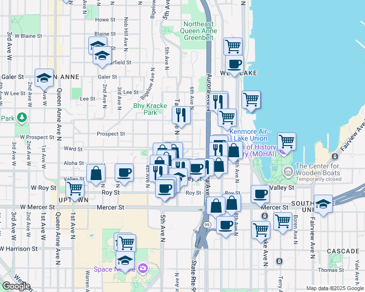 map of restaurants, bars, coffee shops, grocery stores, and more near 553 Ward Street in Seattle