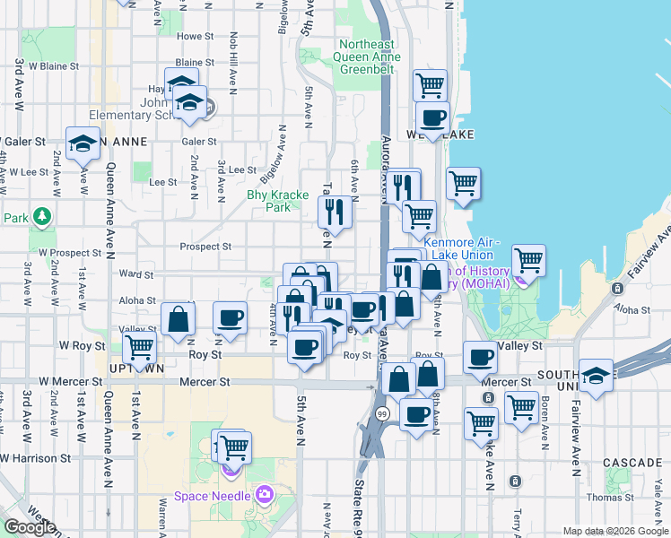 map of restaurants, bars, coffee shops, grocery stores, and more near 553 Ward Street in Seattle