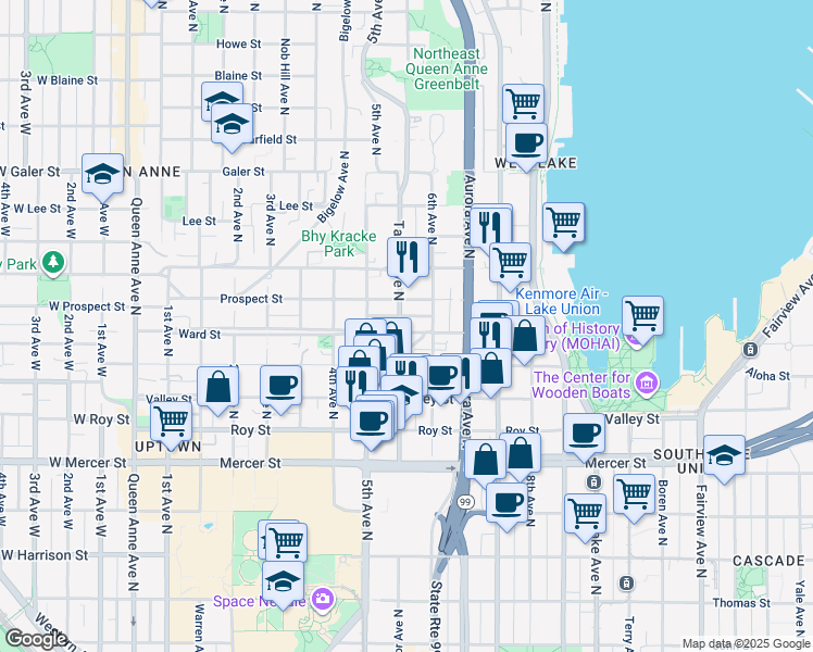 map of restaurants, bars, coffee shops, grocery stores, and more near 553 Ward Street in Seattle