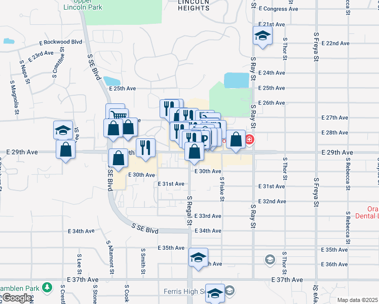 map of restaurants, bars, coffee shops, grocery stores, and more near East 29th Avenue & South Regal Street in Spokane