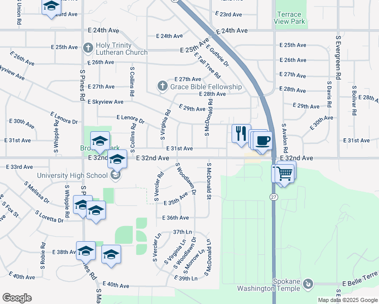 map of restaurants, bars, coffee shops, grocery stores, and more near 12918 East 31st Avenue in Spokane Valley