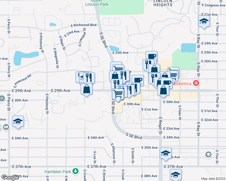 map of restaurants, bars, coffee shops, grocery stores, and more near East 29th Avenue & South Southeast Boulevard in Spokane
