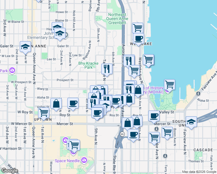 map of restaurants, bars, coffee shops, grocery stores, and more near 553 Ward Street in Seattle