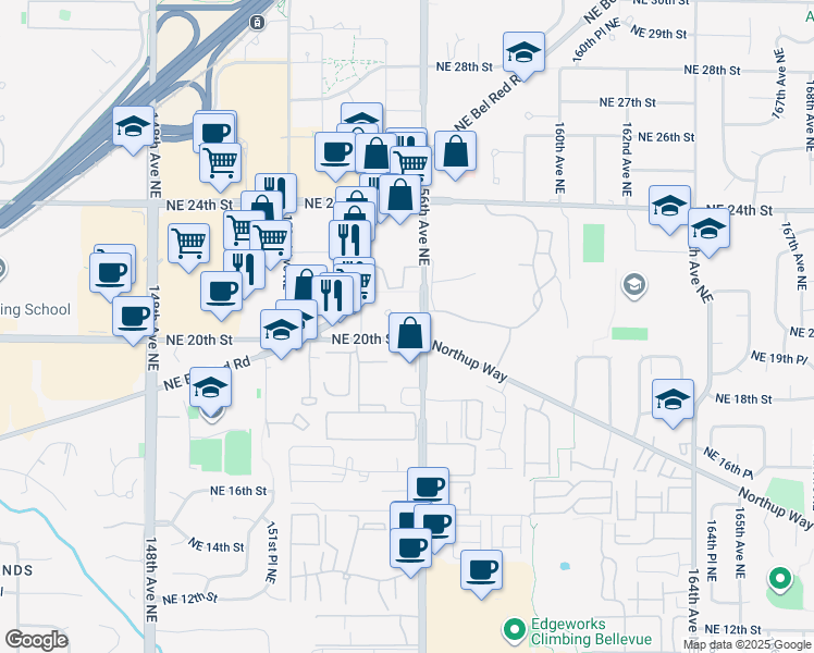 map of restaurants, bars, coffee shops, grocery stores, and more near 2038 155th Place Northeast in Bellevue