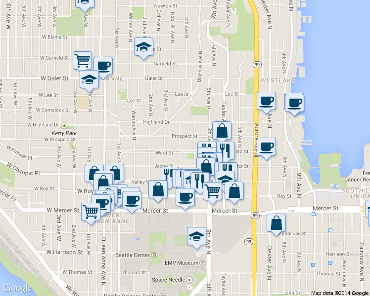 map of restaurants, bars, coffee shops, grocery stores, and more near 362 Ward Street in Seattle