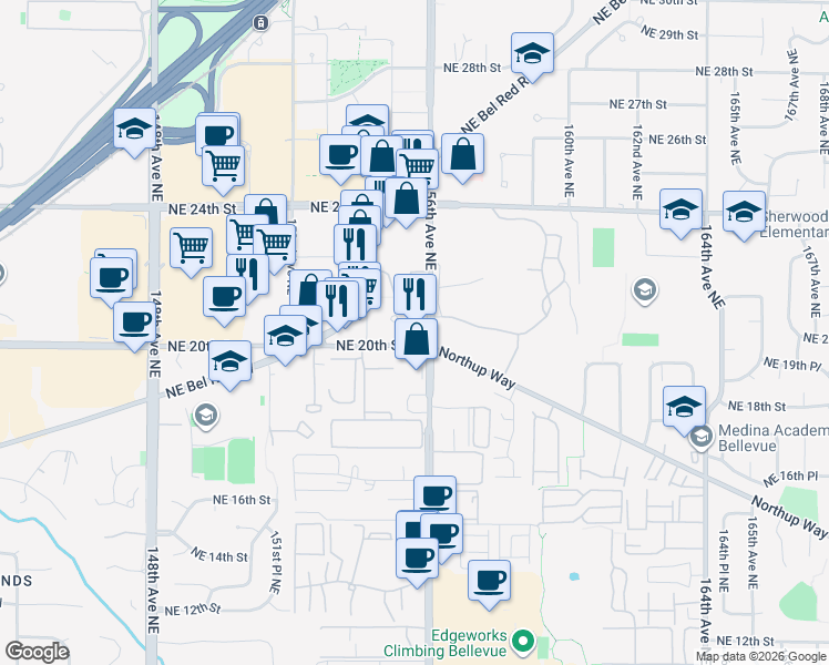map of restaurants, bars, coffee shops, grocery stores, and more near in Bellevue