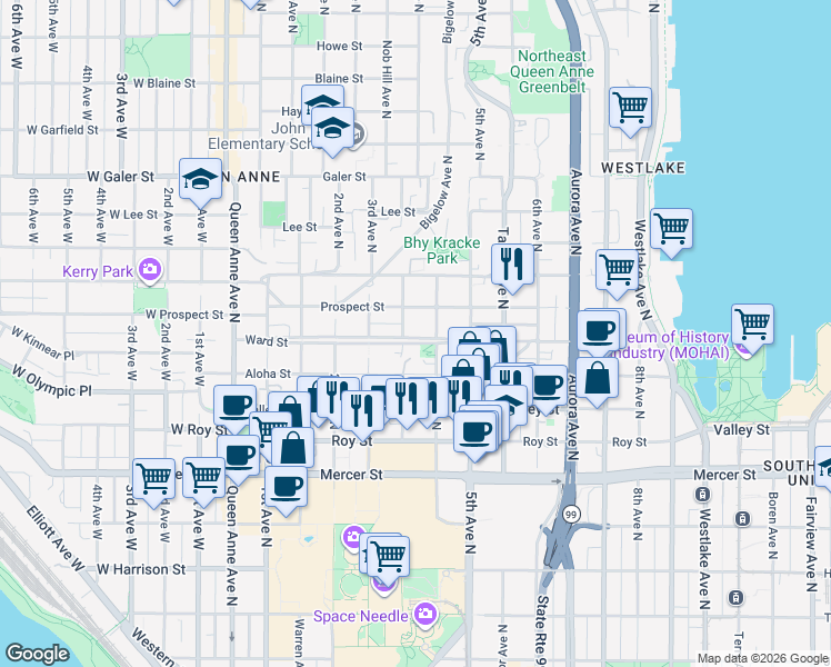 map of restaurants, bars, coffee shops, grocery stores, and more near 60 4th Avenue North in Seattle