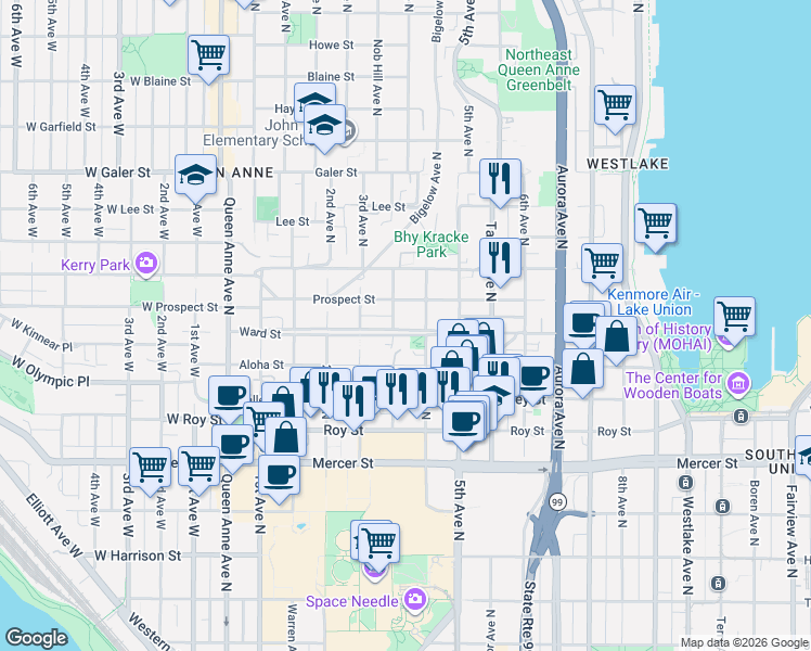 map of restaurants, bars, coffee shops, grocery stores, and more near 362 Ward Street in Seattle