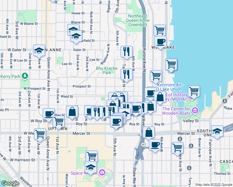 map of restaurants, bars, coffee shops, grocery stores, and more near 1002 5th Avenue North in Seattle