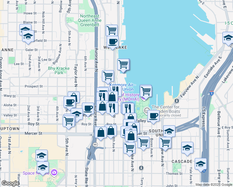 map of restaurants, bars, coffee shops, grocery stores, and more near 1001 Westlake Avenue North in Seattle