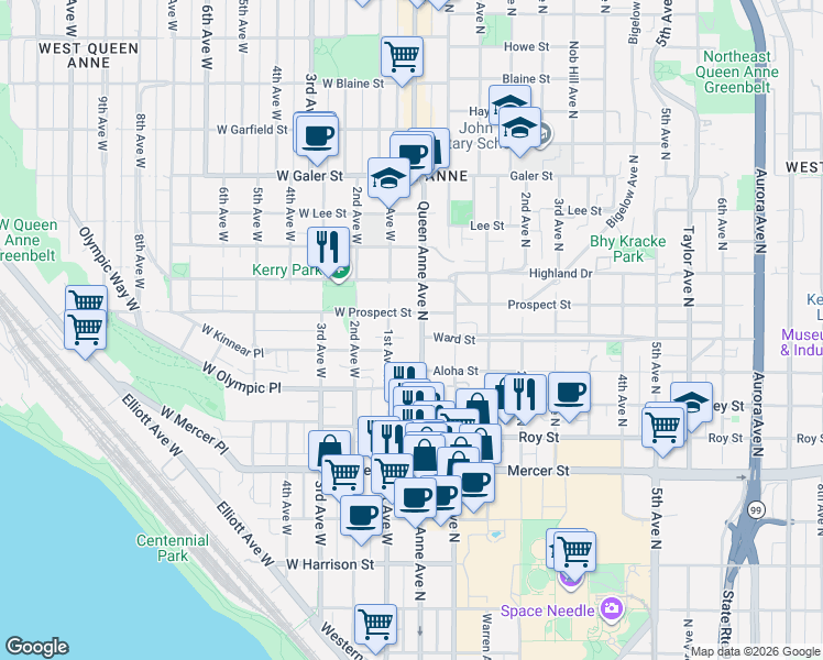 map of restaurants, bars, coffee shops, grocery stores, and more near 1 Ward Street in Seattle