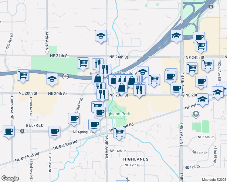 map of restaurants, bars, coffee shops, grocery stores, and more near 14100 Northeast 20th Street in Bellevue