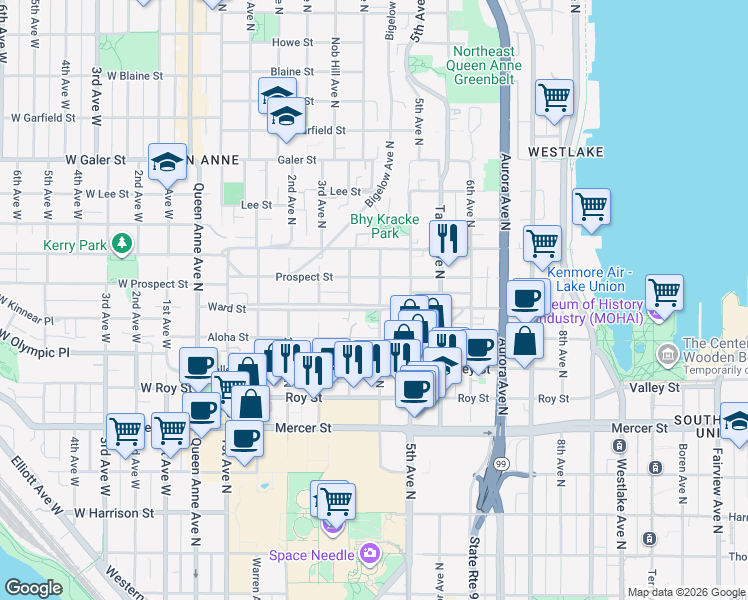 map of restaurants, bars, coffee shops, grocery stores, and more near 370 Ward Street in Seattle