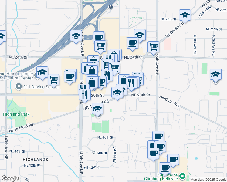 map of restaurants, bars, coffee shops, grocery stores, and more near 2015 152nd Avenue Northeast in Redmond