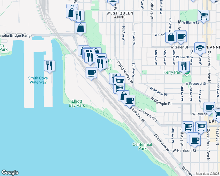 map of restaurants, bars, coffee shops, grocery stores, and more near 1041 Elliott Avenue West in Seattle