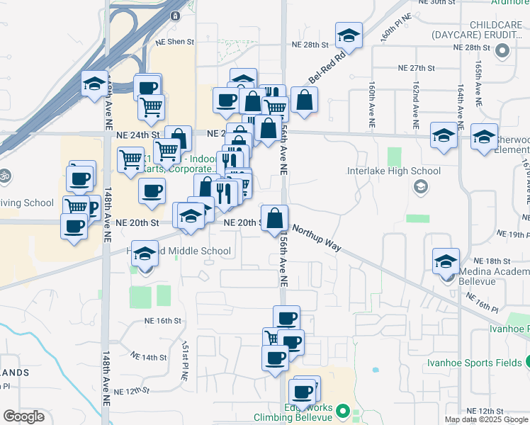 map of restaurants, bars, coffee shops, grocery stores, and more near in Bellevue