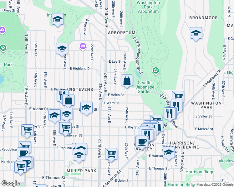 map of restaurants, bars, coffee shops, grocery stores, and more near 2521 East Helen Street in Seattle