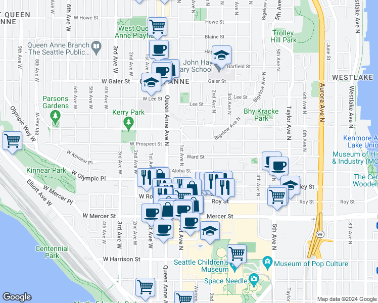 map of restaurants, bars, coffee shops, grocery stores, and more near 105 Ward Street in Seattle