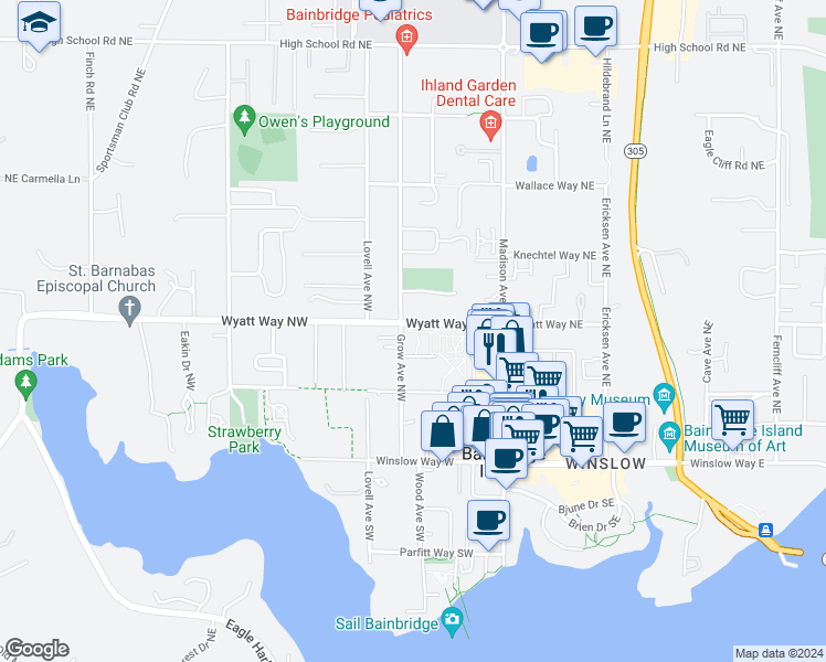 map of restaurants, bars, coffee shops, grocery stores, and more near 390 Root Path Northwest in Bainbridge Island