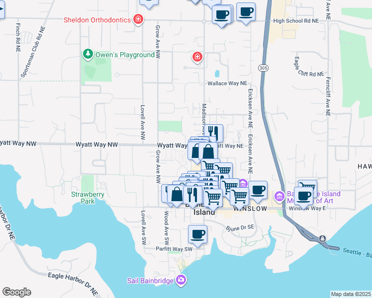 map of restaurants, bars, coffee shops, grocery stores, and more near 211 Wyatt Way Northwest in Bainbridge Island