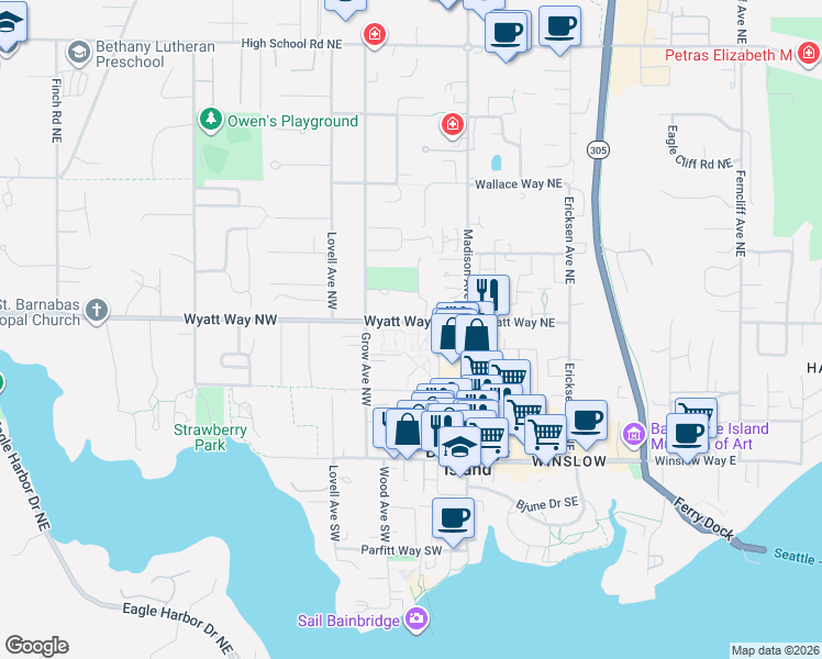 map of restaurants, bars, coffee shops, grocery stores, and more near 368 Wills Lane Northwest in Bainbridge Island