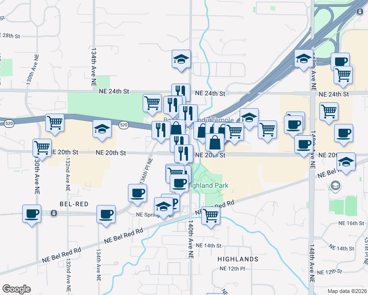 map of restaurants, bars, coffee shops, grocery stores, and more near 13948 Northeast 20th Street in Bellevue