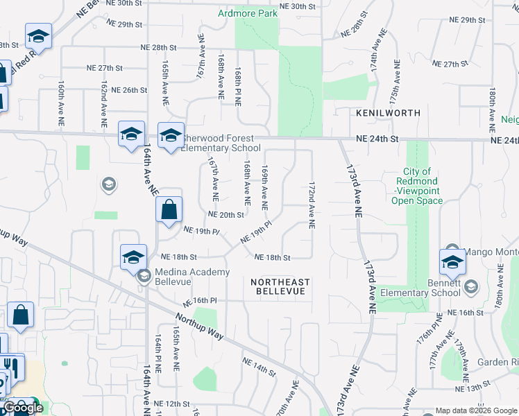 map of restaurants, bars, coffee shops, grocery stores, and more near 1921 169th Avenue Northeast in Bellevue