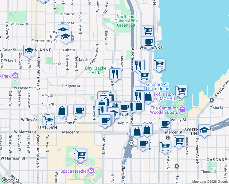 map of restaurants, bars, coffee shops, grocery stores, and more near 553 Ward Street in Seattle