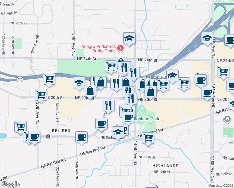 map of restaurants, bars, coffee shops, grocery stores, and more near 13804 Northeast 20th Street in Bellevue