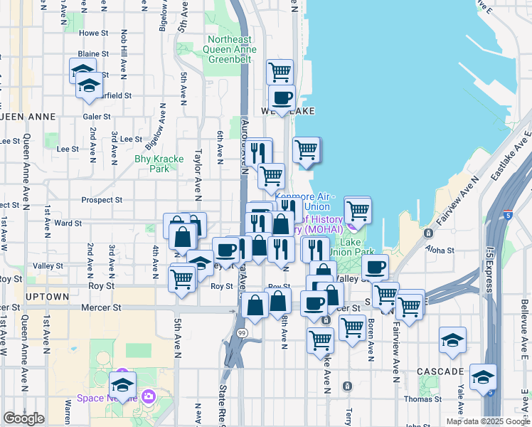 map of restaurants, bars, coffee shops, grocery stores, and more near 1000 Dexter Avenue North in Seattle