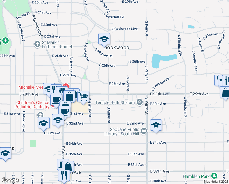 map of restaurants, bars, coffee shops, grocery stores, and more near 1017 East 29th Avenue in Spokane