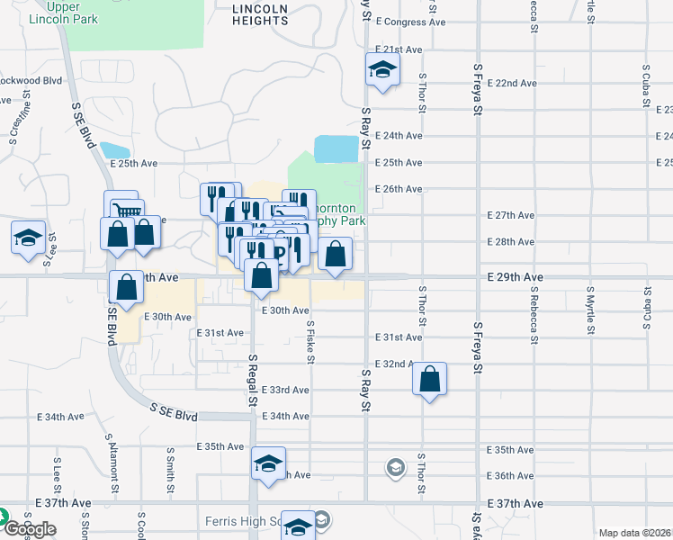 map of restaurants, bars, coffee shops, grocery stores, and more near 3128 East 29th Avenue in Spokane