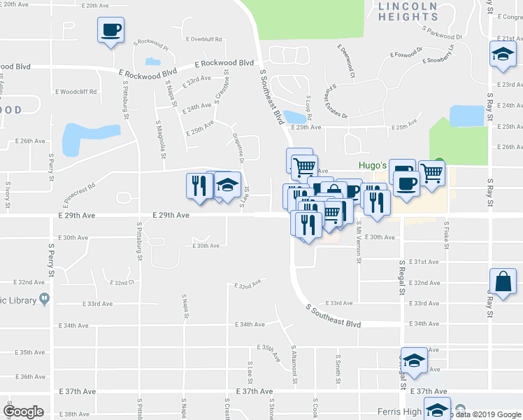 map of restaurants, bars, coffee shops, grocery stores, and more near 2410 East 29th Avenue in Spokane
