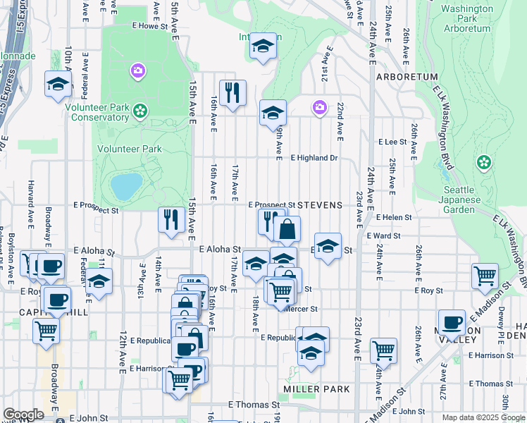 map of restaurants, bars, coffee shops, grocery stores, and more near 938 18th Avenue East in Seattle