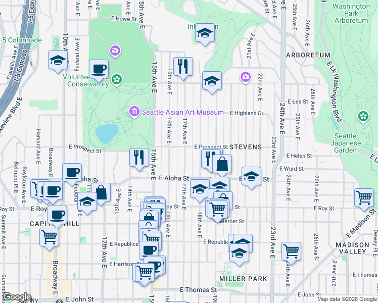 map of restaurants, bars, coffee shops, grocery stores, and more near 937 17th Avenue East in Seattle