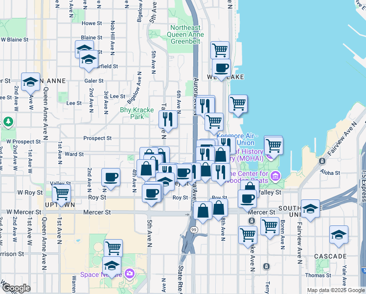 map of restaurants, bars, coffee shops, grocery stores, and more near 610 Ward Street in Seattle