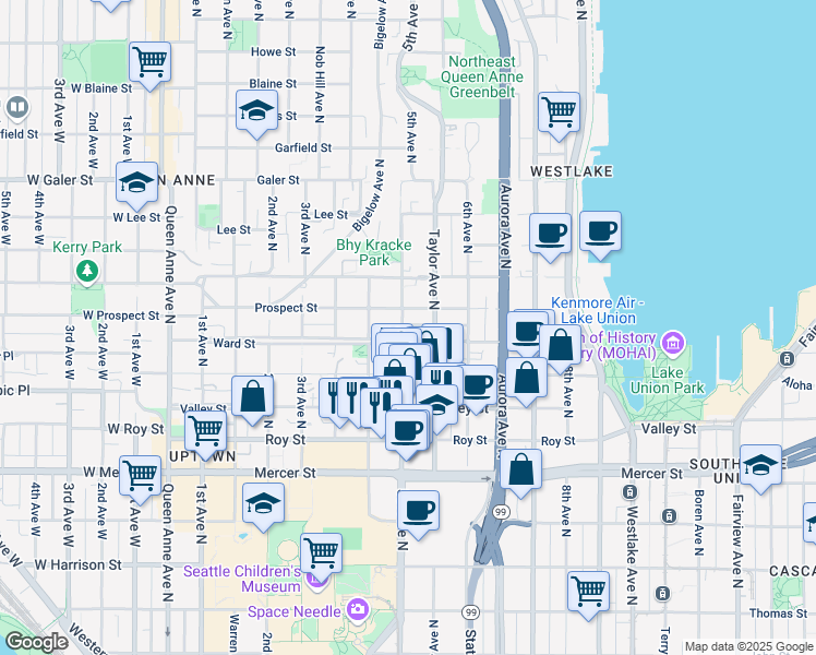 map of restaurants, bars, coffee shops, grocery stores, and more near 1000 5th Avenue North in Seattle