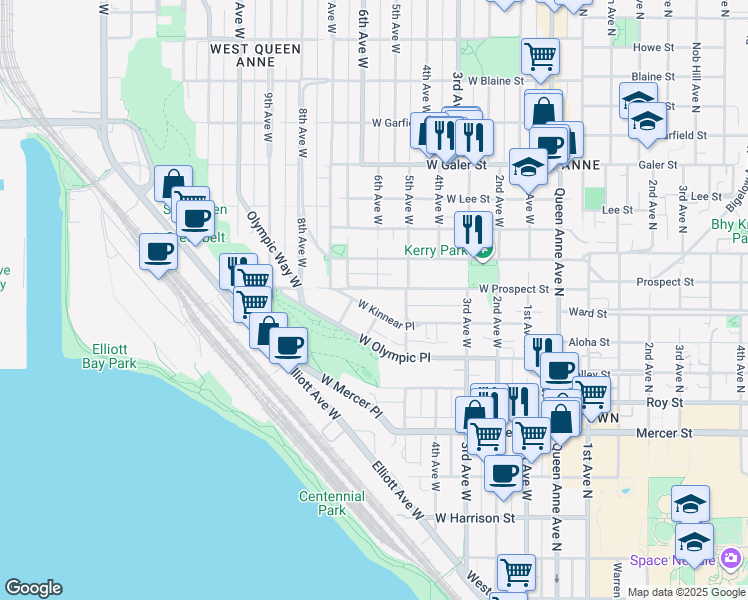 map of restaurants, bars, coffee shops, grocery stores, and more near 510 West Kinnear Place in Seattle