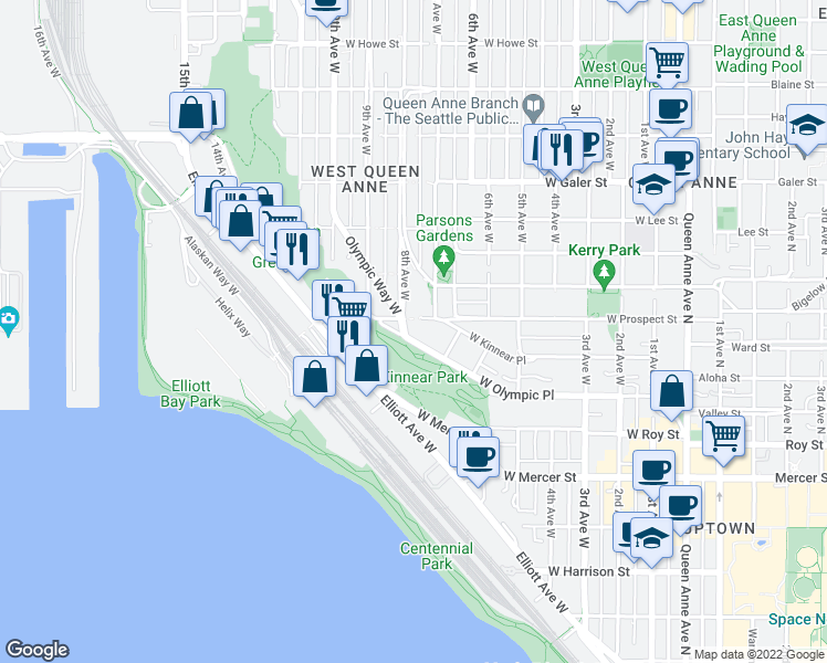 map of restaurants, bars, coffee shops, grocery stores, and more near 666 West Olympic Place in Seattle