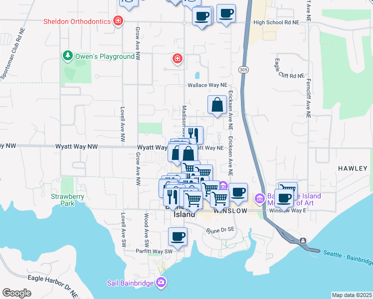 map of restaurants, bars, coffee shops, grocery stores, and more near 533 Madison Avenue North in Bainbridge Island