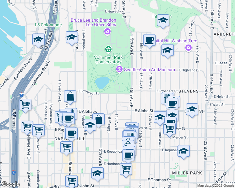 map of restaurants, bars, coffee shops, grocery stores, and more near 1401 East Prospect Street in Seattle