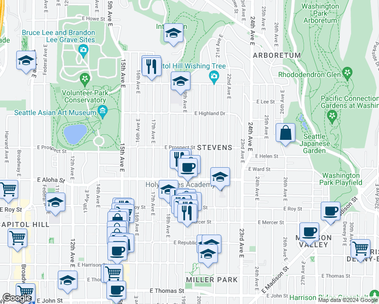 map of restaurants, bars, coffee shops, grocery stores, and more near 954 19th Avenue East in Seattle