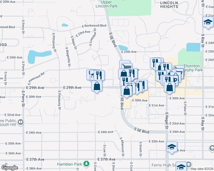 map of restaurants, bars, coffee shops, grocery stores, and more near 2319 East 29th Avenue in Spokane