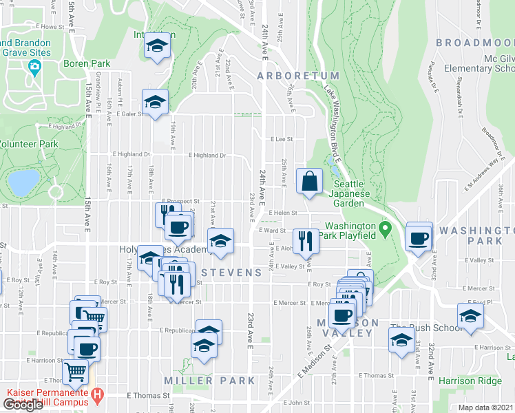 map of restaurants, bars, coffee shops, grocery stores, and more near 1032 23rd Avenue East in Seattle