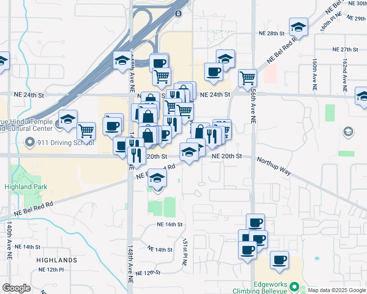 map of restaurants, bars, coffee shops, grocery stores, and more near 2015 152nd Avenue Northeast in Redmond