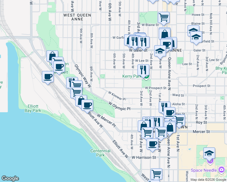 map of restaurants, bars, coffee shops, grocery stores, and more near 604 West Kinnear Place in Seattle