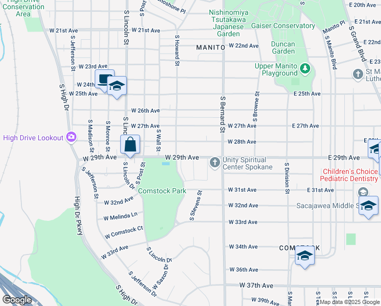 map of restaurants, bars, coffee shops, grocery stores, and more near 502 West 29th Avenue in Spokane