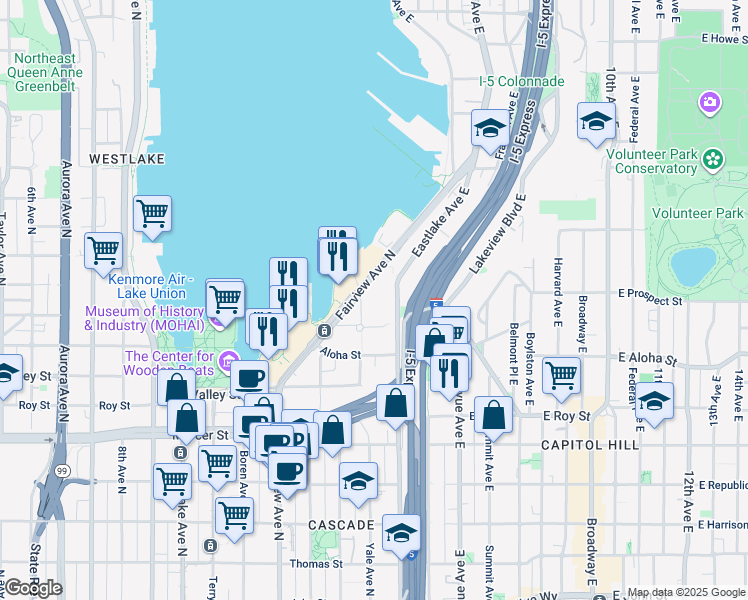 map of restaurants, bars, coffee shops, grocery stores, and more near 1100 Fairview Avenue North in Seattle
